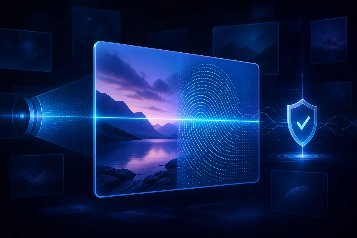 AI-generated image scanned to reveal an invisible fingerprint watermark and verified provenance