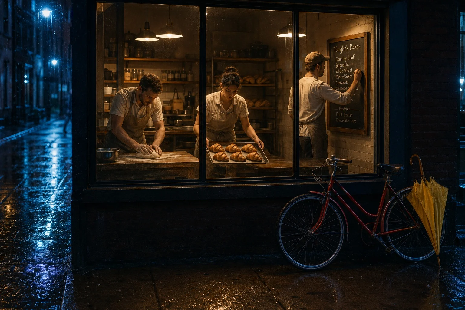 ChatGPT image-generation example showing three bakers working in a midnight bakery during a rainstorm