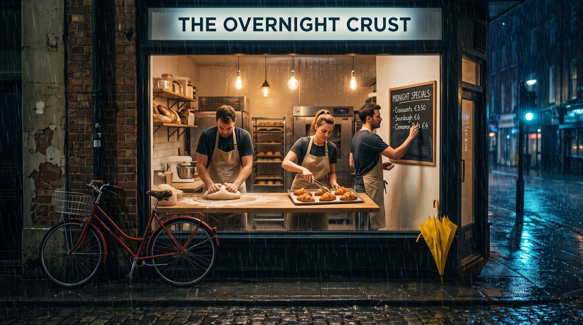 Gemini image-generation example showing three bakers working in a midnight bakery during a rainstorm