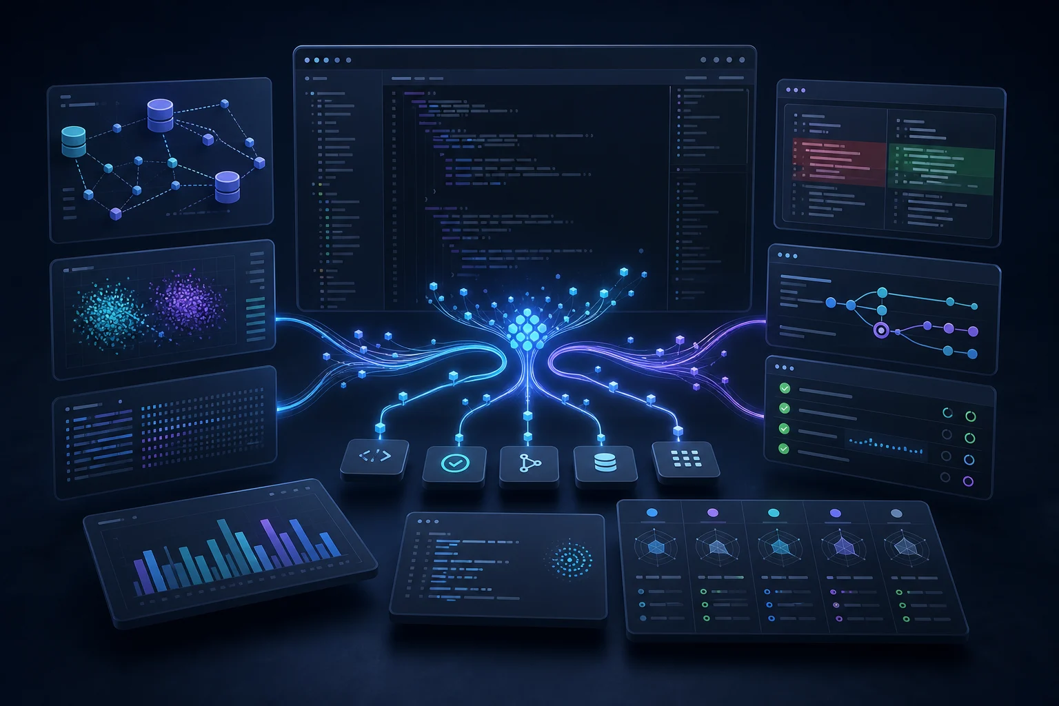 Editorial illustration of AI coding tools connected to code, tests, repositories and benchmark datasets