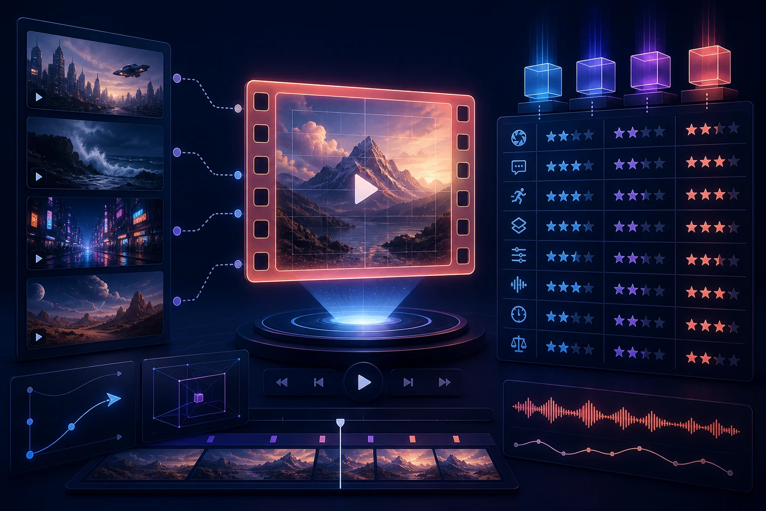 Editorial illustration showing AI video generators evaluated for motion, prompt adherence, consistency, editing and audio