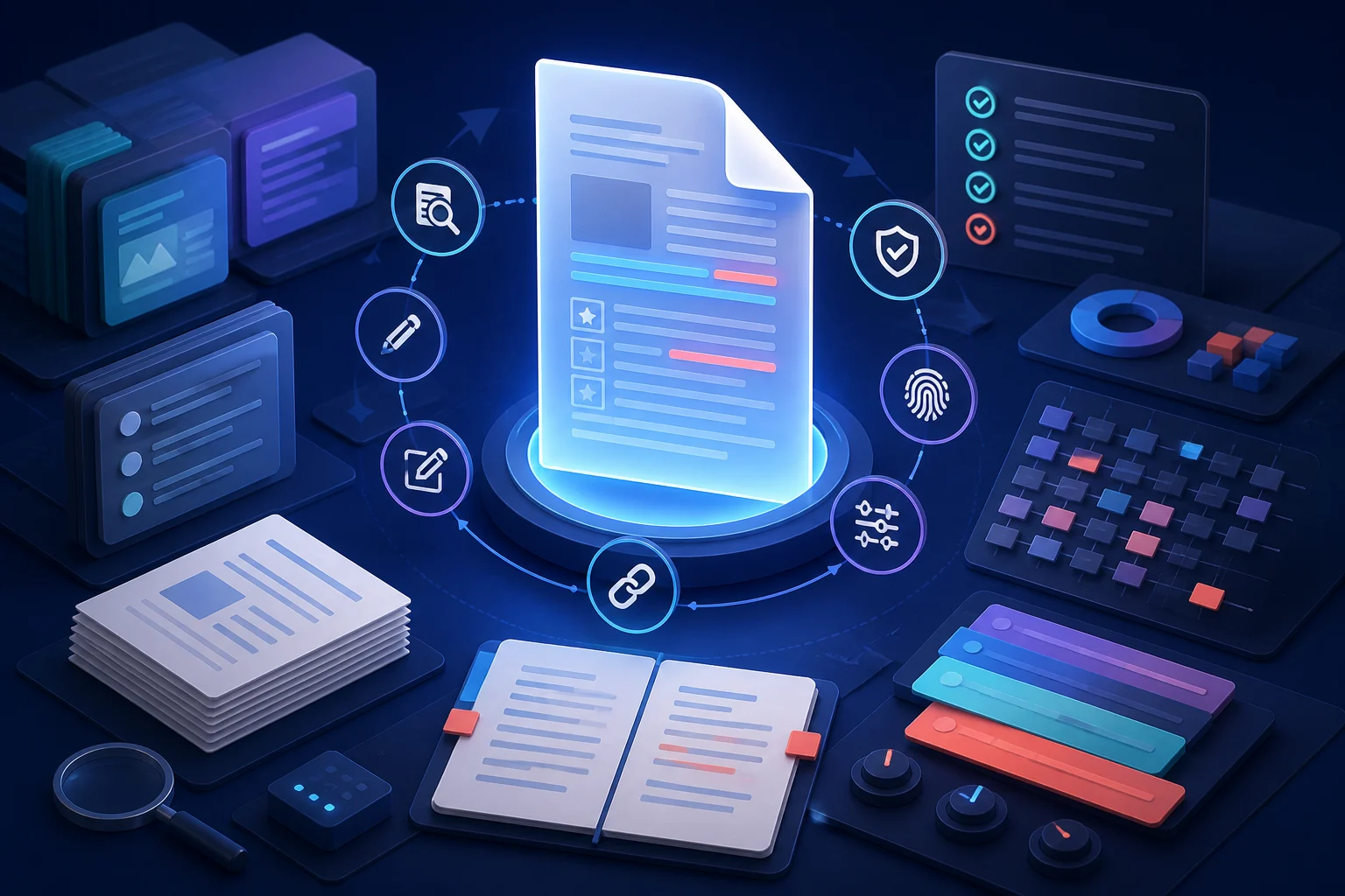 Editorial illustration showing an AI writing document evaluated for research, drafting, revision, citations, originality and style