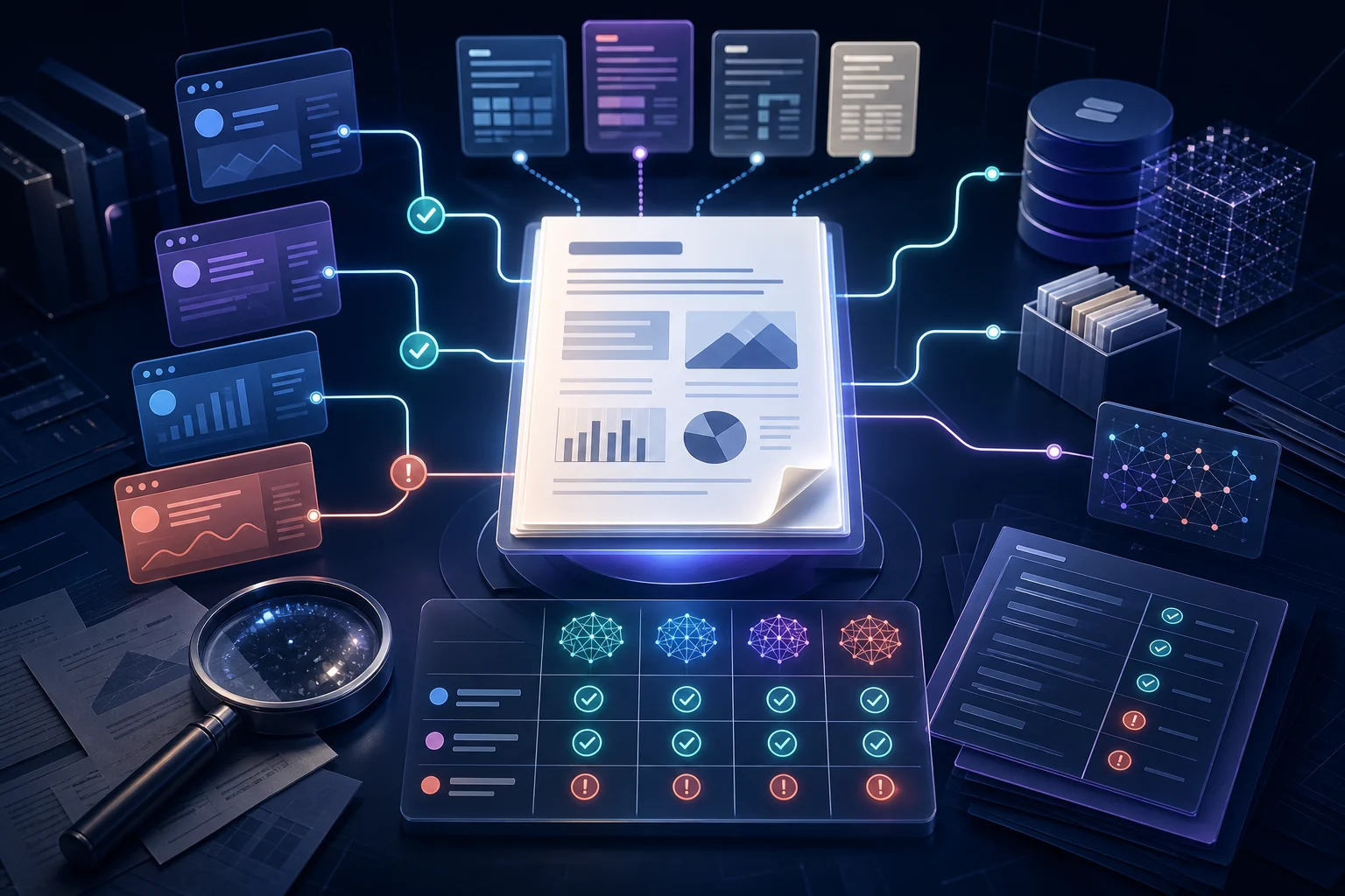 Editorial illustration showing AI research systems evaluated against sources, citations, datasets and factuality checks