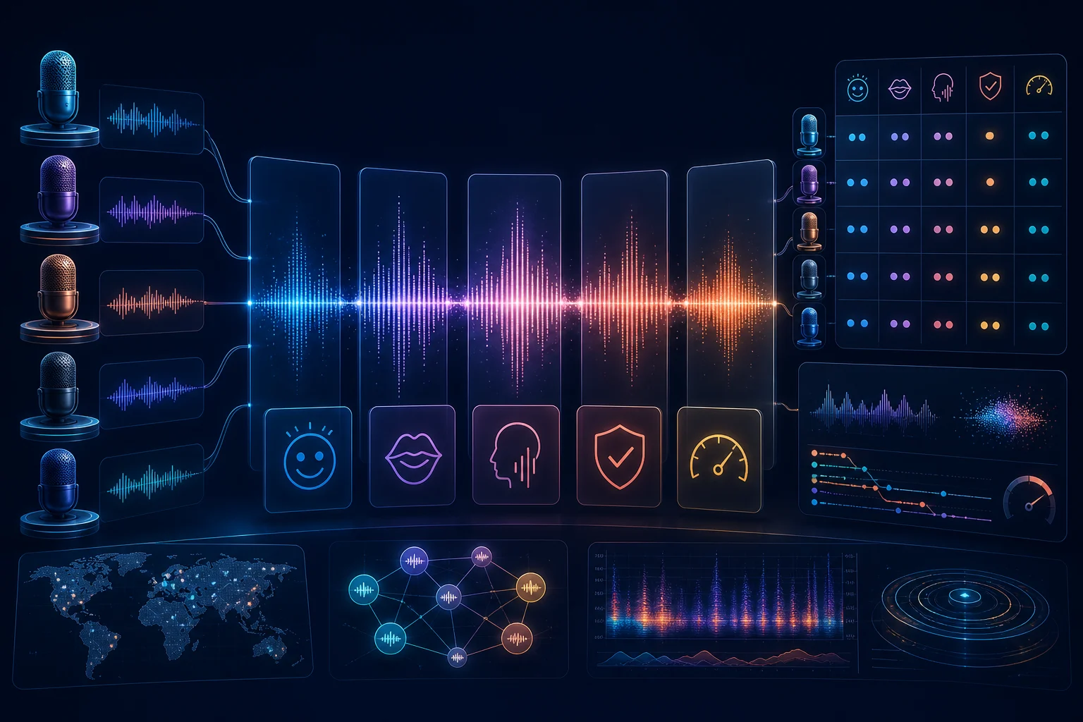 Editorial illustration showing AI voice models evaluated for naturalness, emotion, pronunciation, cloning, languages and latency